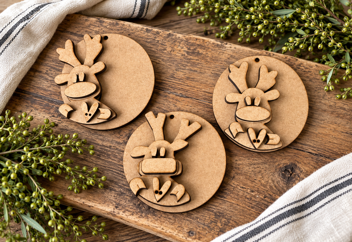 Three unfinished layered wonky reindeer ornaments DIY wood kit #321