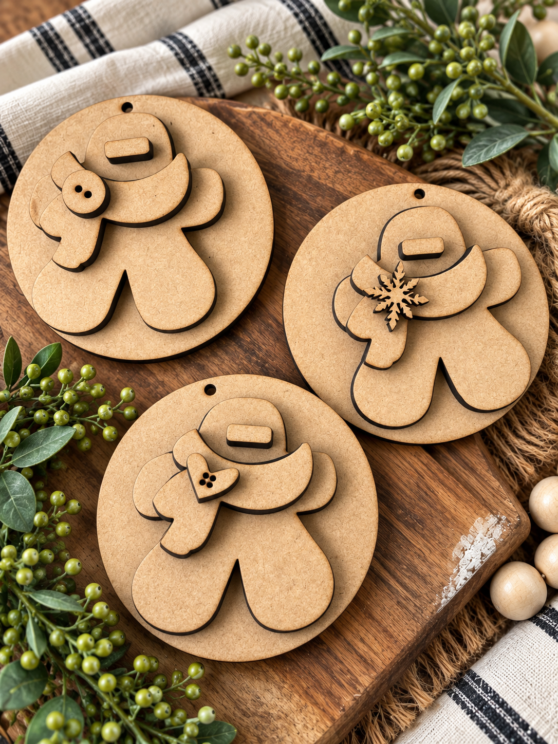 Unfinished MDF set of three Gingie scarf ornaments #325