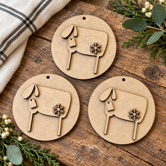 Three unfinished MDF Long Leg Sheep Ornaments #329