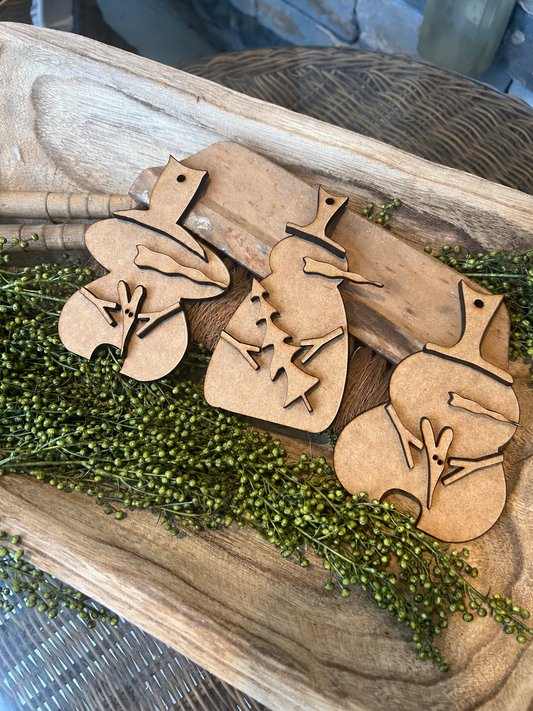 Unfinished MDF Wonky Snowman Ornament Set #332, three ornaments