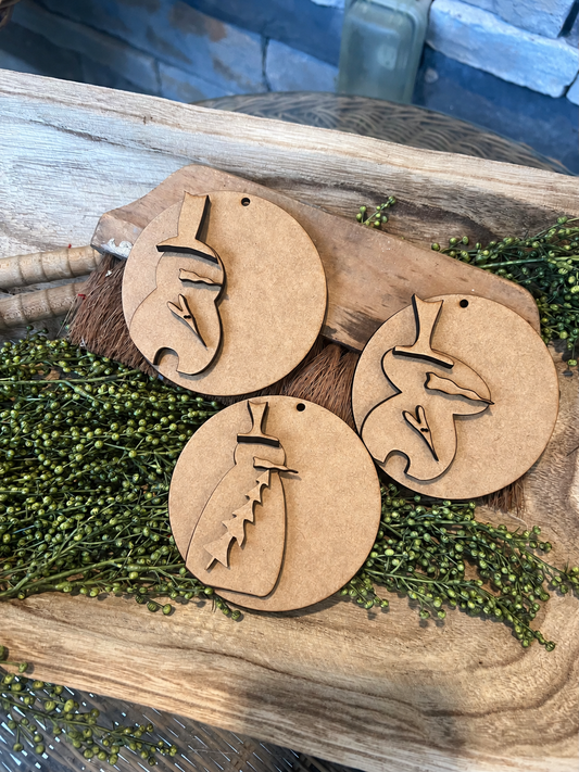 Unfinished MDF Wonky Snowman Round Ornament Set #333, three ornaments