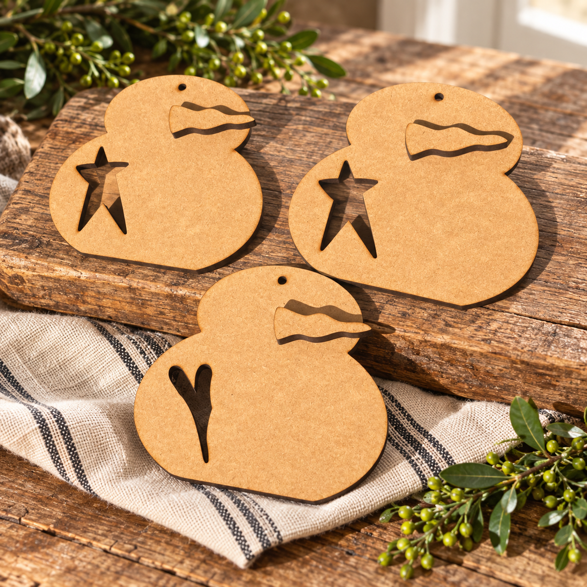 Unfinished wood kit for Rustic Chubby Snowman Heart and Star Ornament Set #354