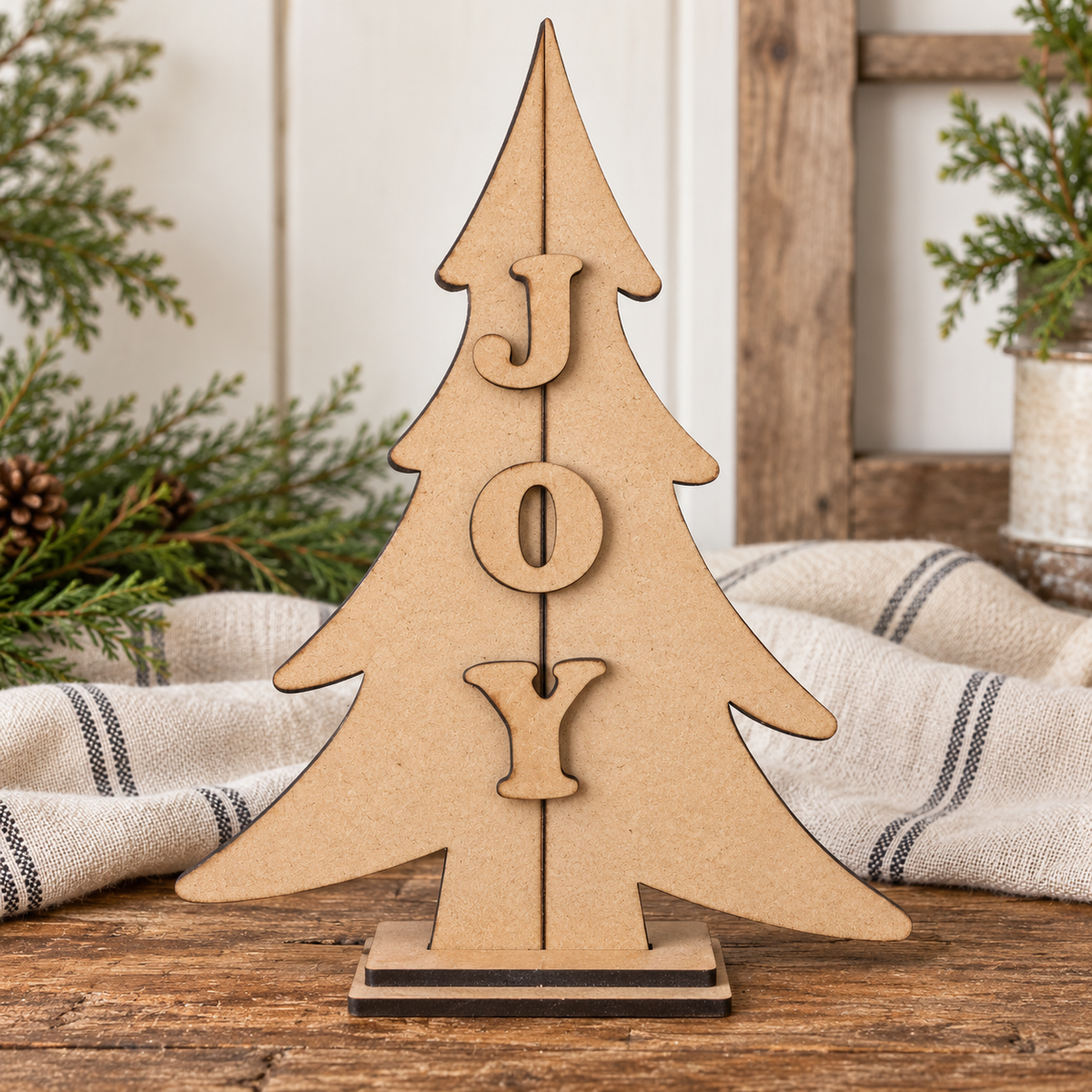 Unfinished MDF Wonky Rustic JOY Christmas Tree DIY wood kit #364 with raised JOY letters and stand