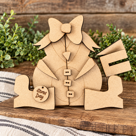 Unfinished MDF Rustic Wonky Penguin’s Girlfriend #376 wood kit standing on rustic board