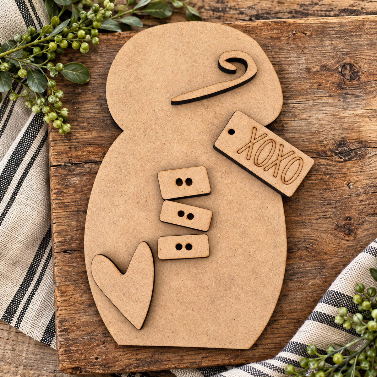 Plain unfinished MDF pieces for Wonky XOXO Snowman DIY wood kit #395