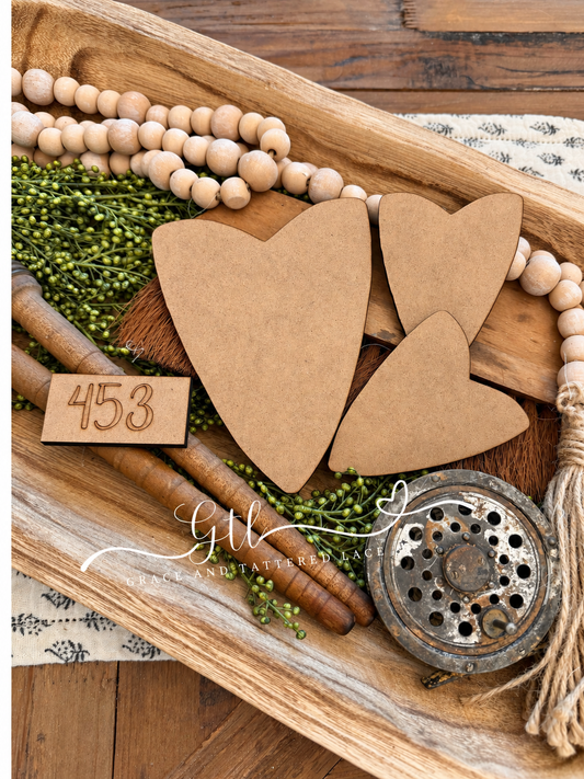 Unfinished MDF Rustic/Prim Hearts Dough Bowl Filler #453 kit pieces, three wood hearts in a dough bowl
