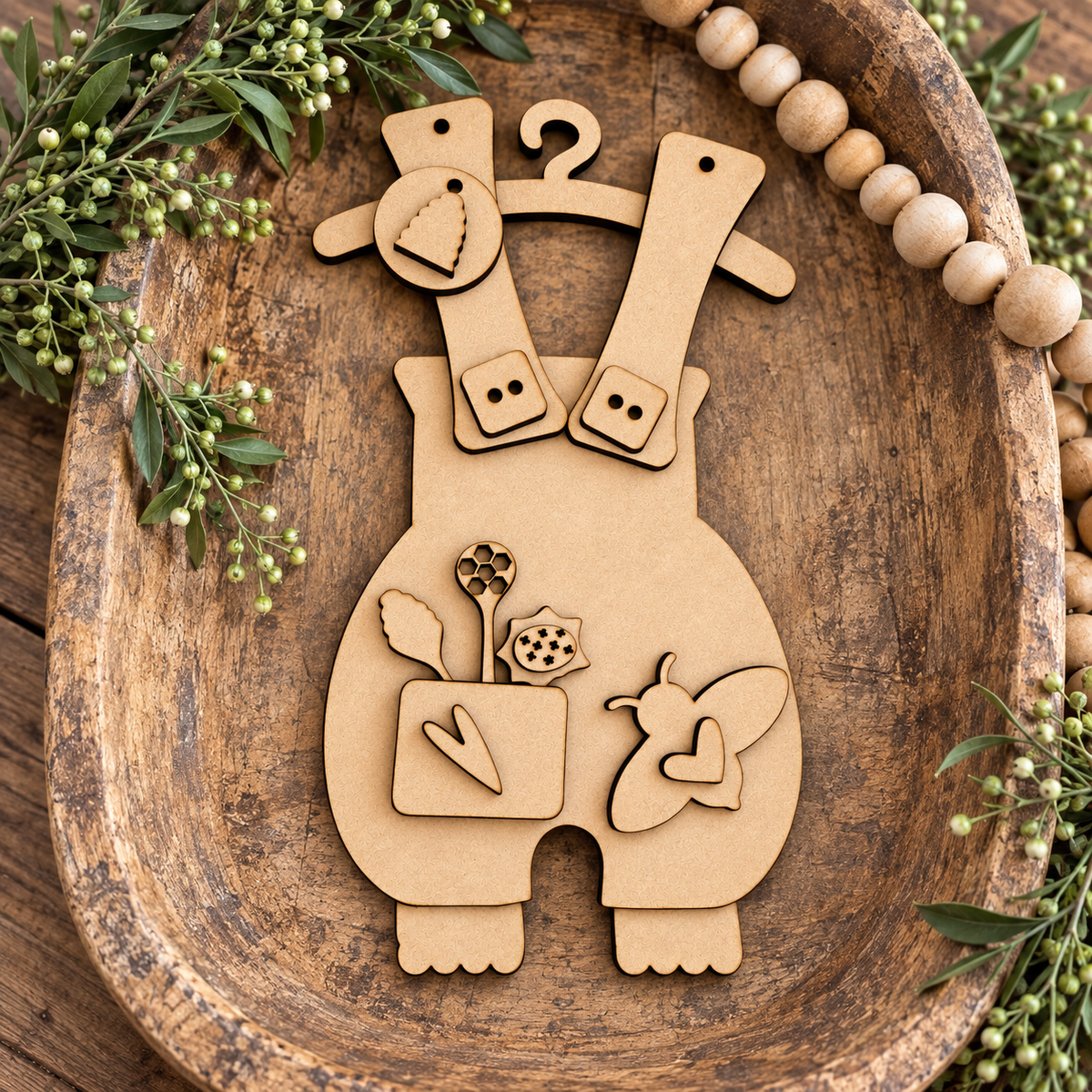 Unpainted Beekeeper Overalls DIY Kit #480 in rustic wooden bowl