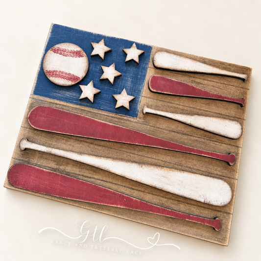 Painted Baseball Bat Flag #510 DIY wood kit in red, white and blue with stars and baseball
