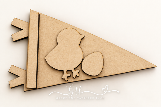 Unfinished MDF Chick and Egg Pennant Flag #515 with chick, egg and side strip