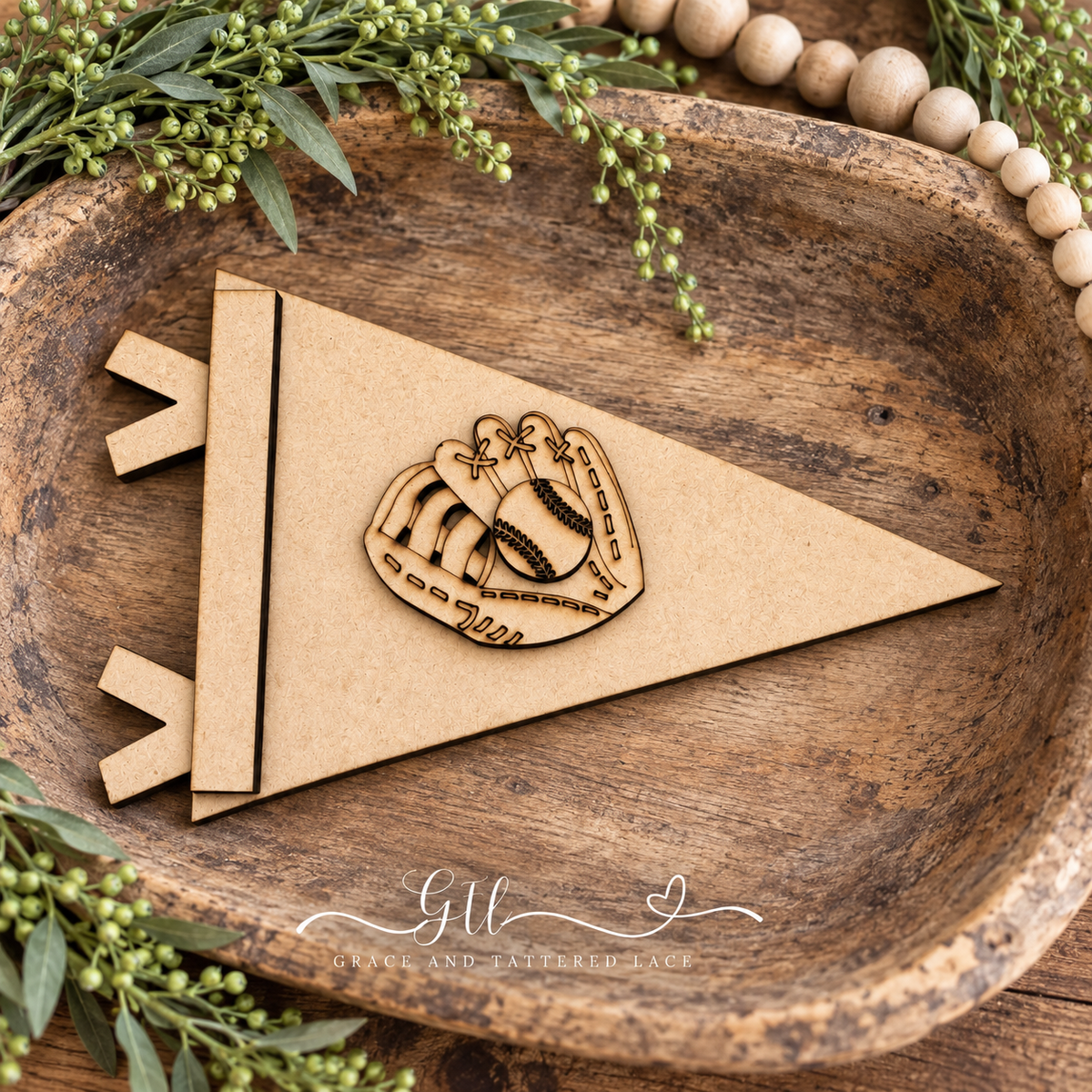 Unpainted Baseball Mitt and Ball Pennant Flag #516 in rustic wooden bowl