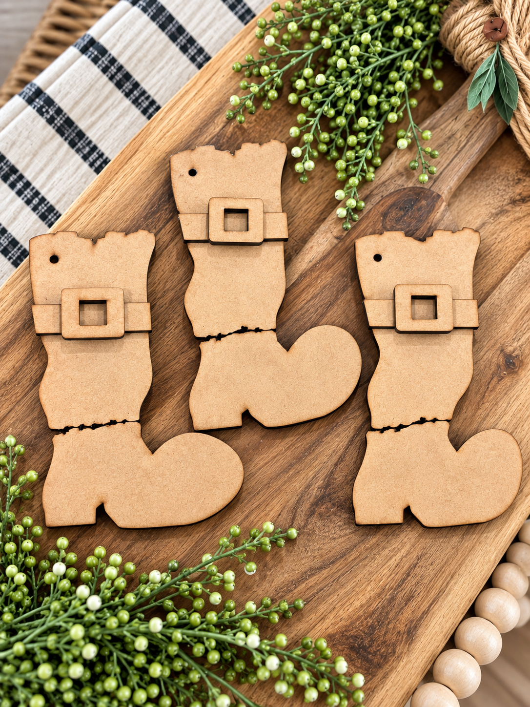 Unfinished MDF three-piece Wonky Rustic Santa Boots ornament kit #612