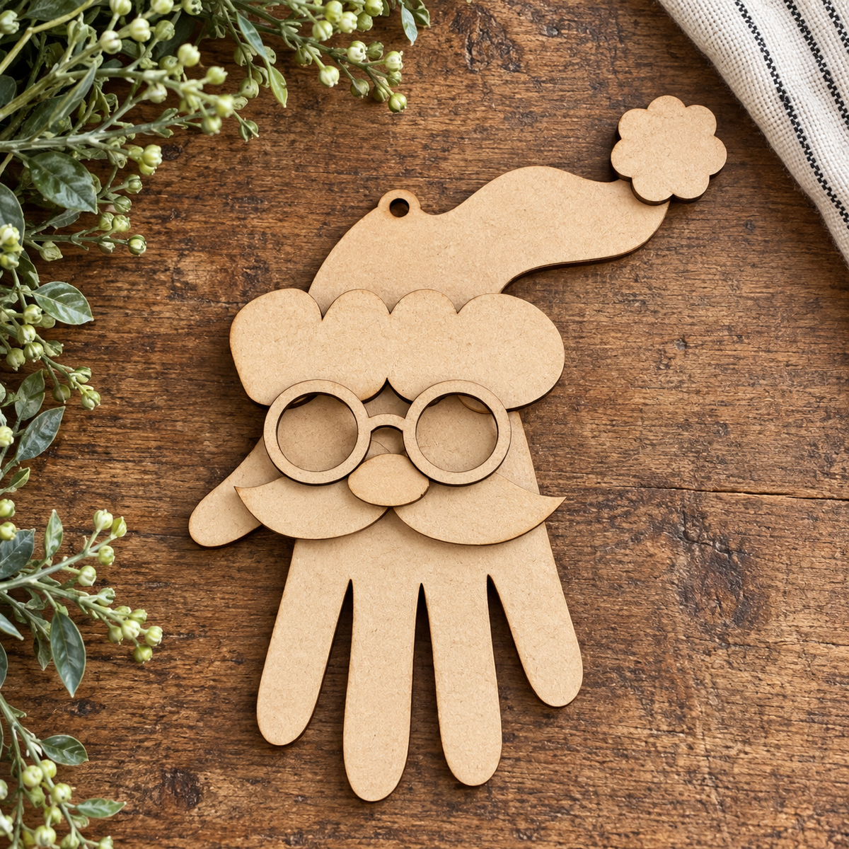 Unfinished Santa Handprint Ornament DIY wood kit 684 on a rustic wood board