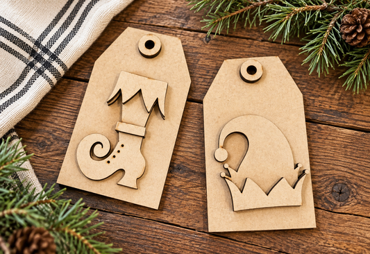 Two unfinished Elfin Around Christmas tag DIY wood kits #708