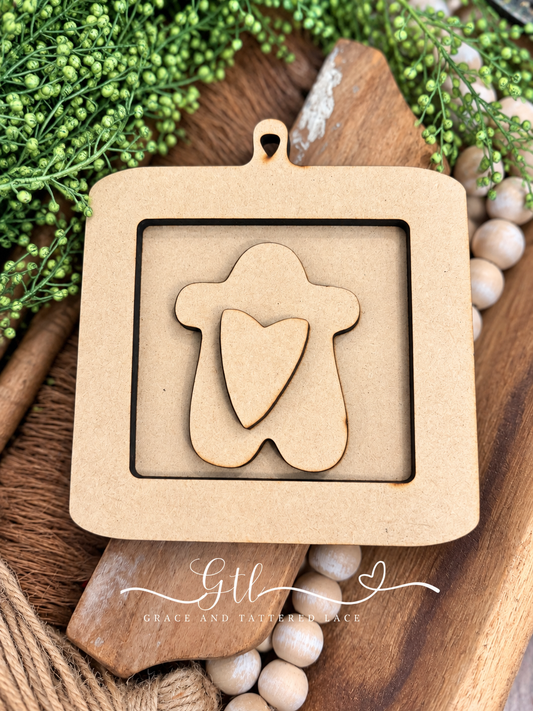 Unfinished wood pieces for Whimsical Gingie Frame DIY Ornament Kit 716; professional product photo