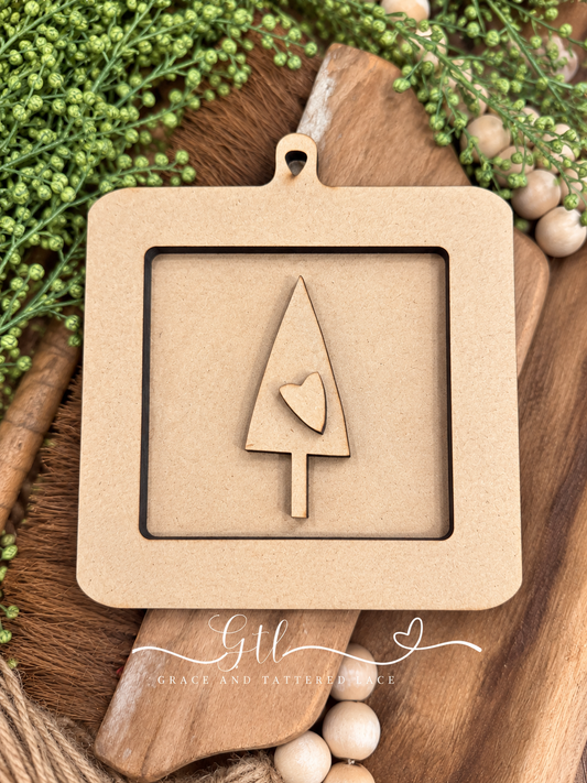 Unfinished wood pieces for Whimsical Christmas Tree Frame DIY Ornament Kit 717; professional product photo
