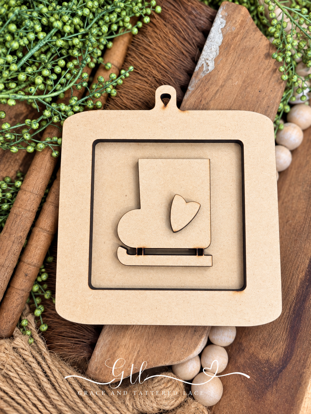 Unfinished wood pieces for Whimsical Ice Skate Frame DIY Ornament Kit 718; professional product photo