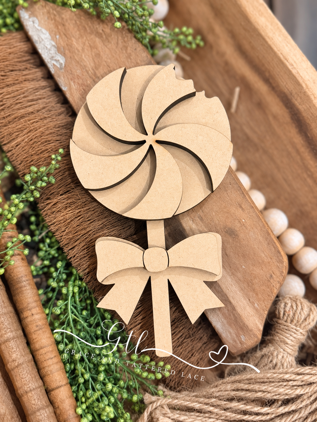 Unfinished wood pieces for Wonky Candy Cane Lollipop DIY Wood Kit 730; professional product photo