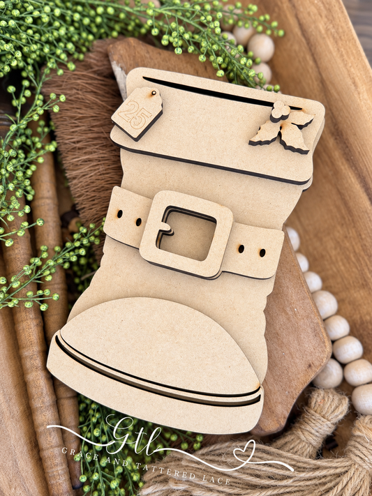 Unfinished wood pieces for Wonky Rustic Santa Boot DIY Wood Kit 733; professional product photo
