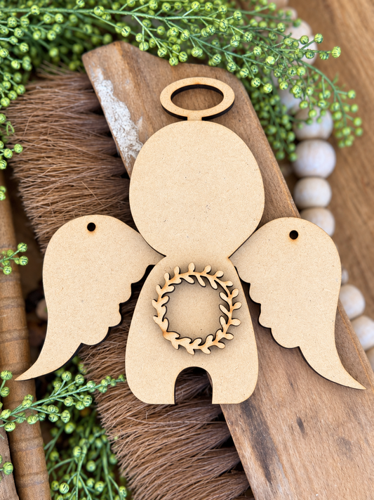 Unfinished wood pieces for Wonky Whimsical Angel Character Ornament 737; professional product photo
