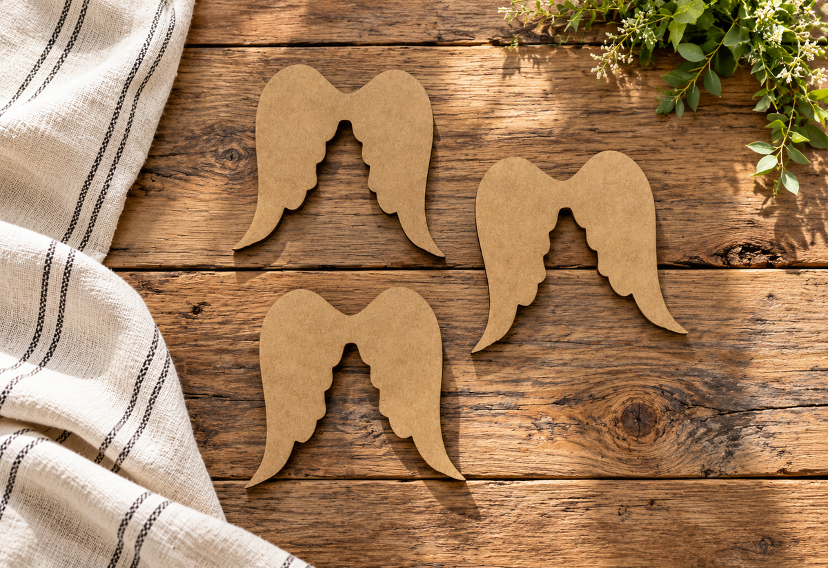 Three unfinished angel wing wood cutouts on a rustic tabletop