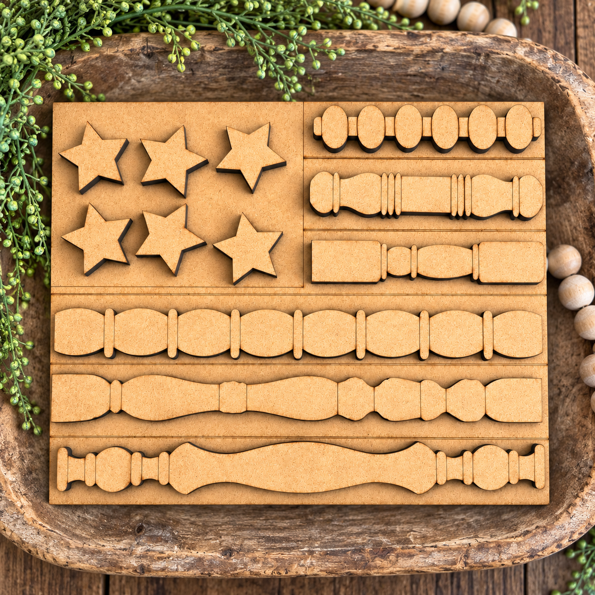Unpainted Big Patriotic Spindle Flag DIY Kit in rustic wooden bowl