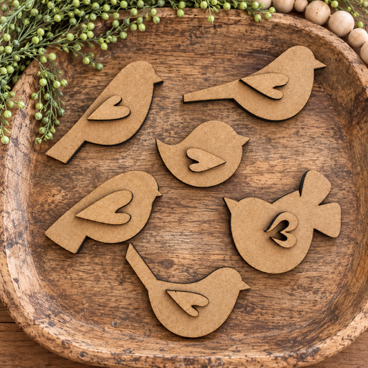 Unpainted Bird Bundle #1 (6 piece set) in rustic wooden bowl