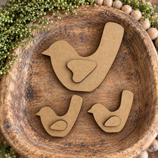 Unpainted Bird Bundle #3 in rustic wooden bowl