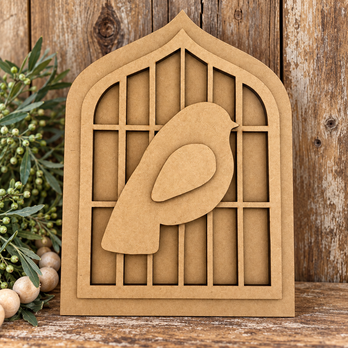 Unpainted Bird with Vintage Gate Frame in rustic upright wooden setting