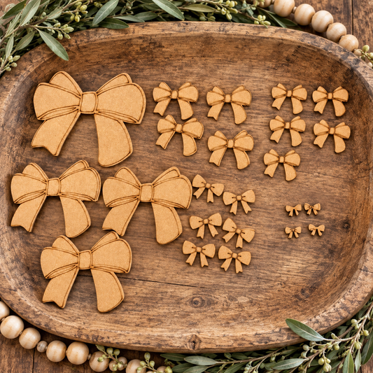 Unpainted Bow Embellishment Kit in rustic wooden bowl