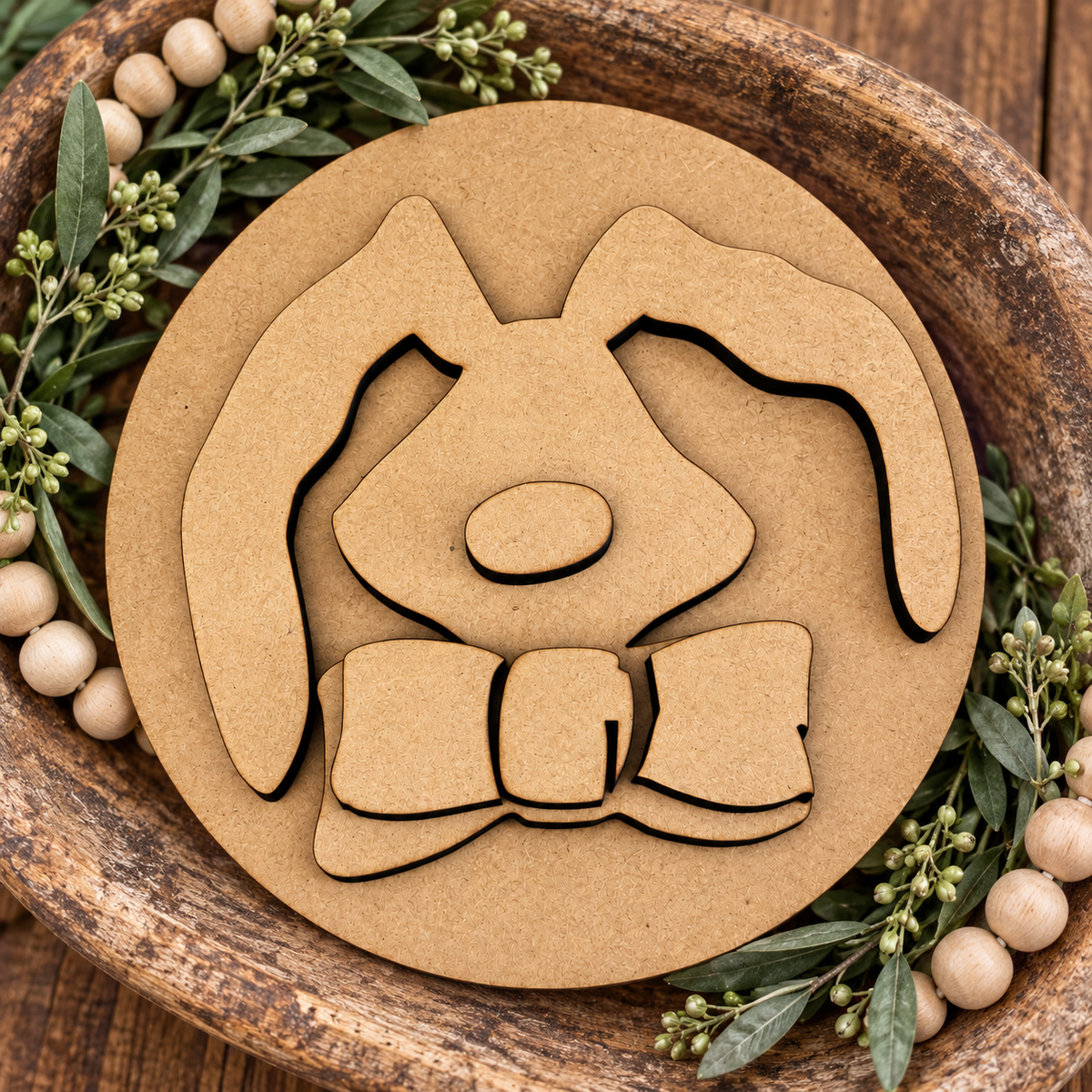 Unpainted Bow Tie Bunny - A Interchangeable Insert ONLY-(Tabletop Spindle Frame) in rustic wooden bowl