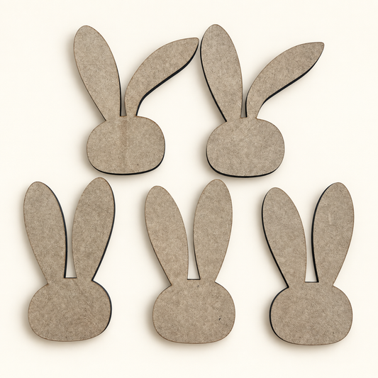 Unfinished MDF Bunny Head (5 pack) wood cutouts, two with a folded ear and three with upright ears