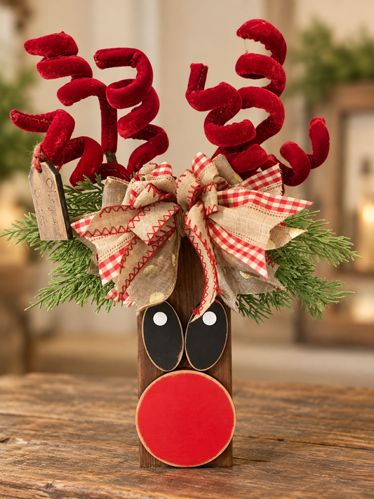 Finished painted Big Nose and Eye Reindeer Kit with ribbon and antlers supplied by crafter