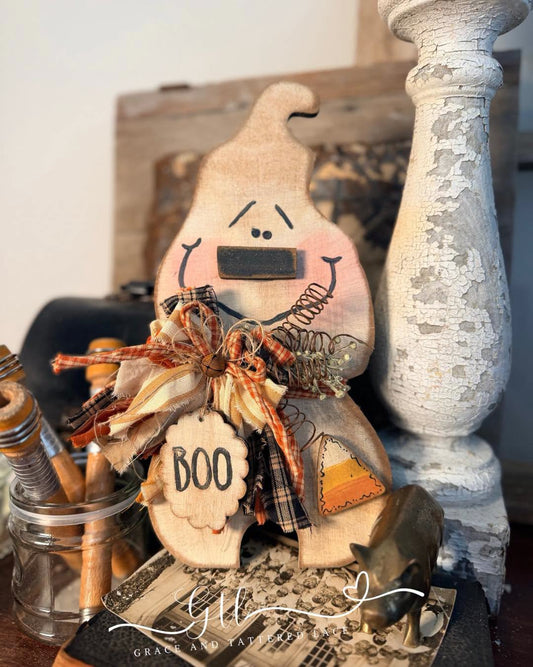 Painted Wonky Whimsical Boo Ghost Character 713 with candy corn and rustic fabric bow