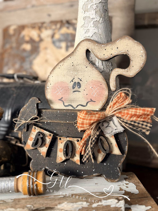 Finished painted Wonky Whimsical Boo Ghost in Cauldron 657 with crow, banner, and bow