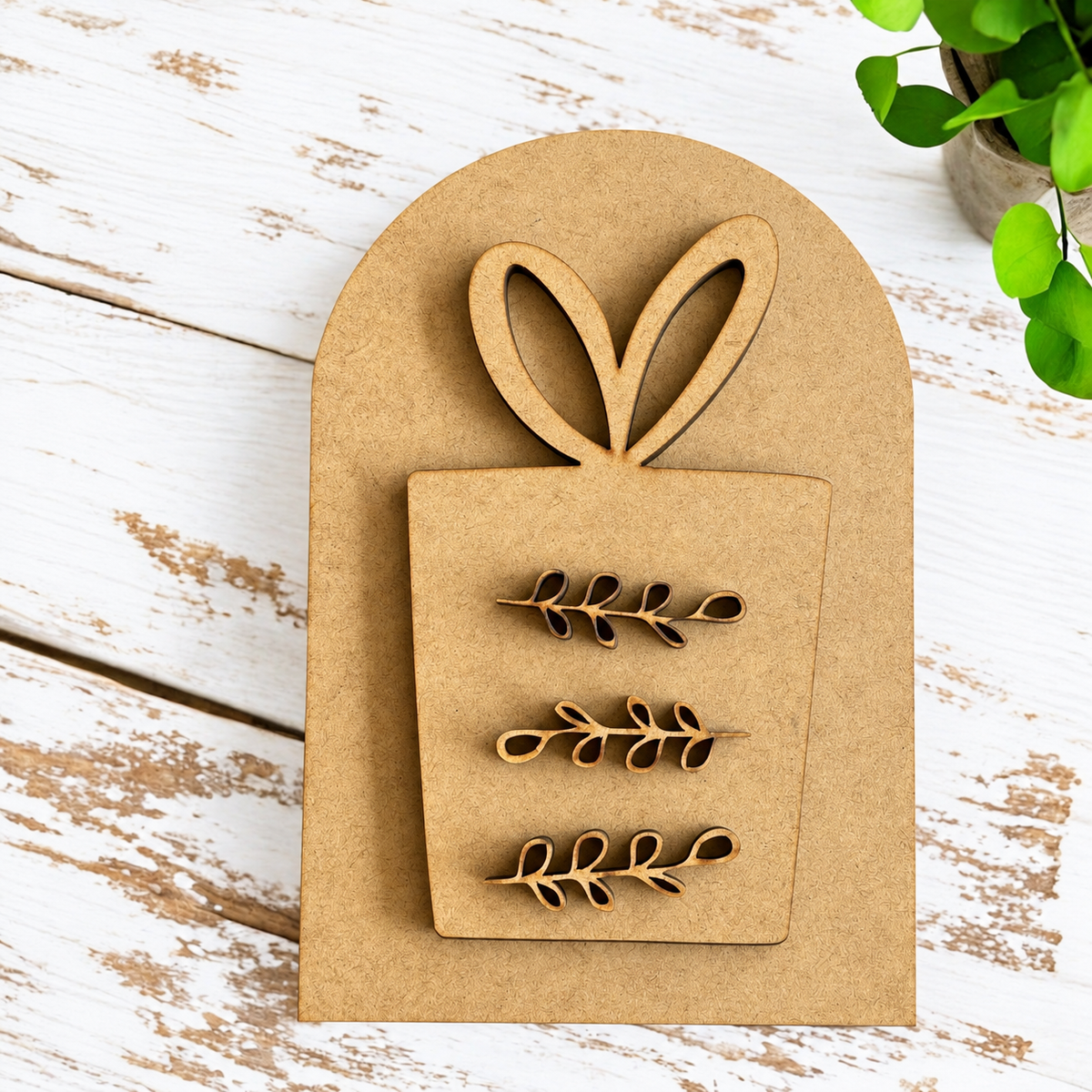 Unfinished MDF Present Double Layer Oval Interchangeable Frame insert: arch backer, gift box with bow and three leaf sprigs
