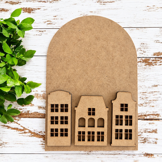 Unfinished MDF Salt Houses Double Layer Oval Interchangeable Frame insert: arch backer with three house overlays