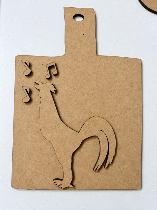Unfinished MDF Singing Rooster on Bread Board kit, rooster with three music notes on a bread board