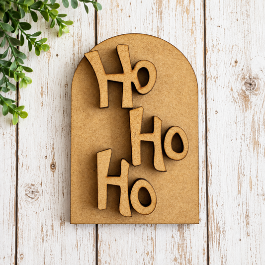 Unfinished MDF SMALL Ho Ho Ho Double Layer Oval Interchangeable Frame insert, raw wood with three stacked Ho letters