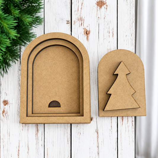 Unfinished MDF SMALL Tree insert (right) with wonky three-tier tree overlay; frame at left shown for display, sold separately