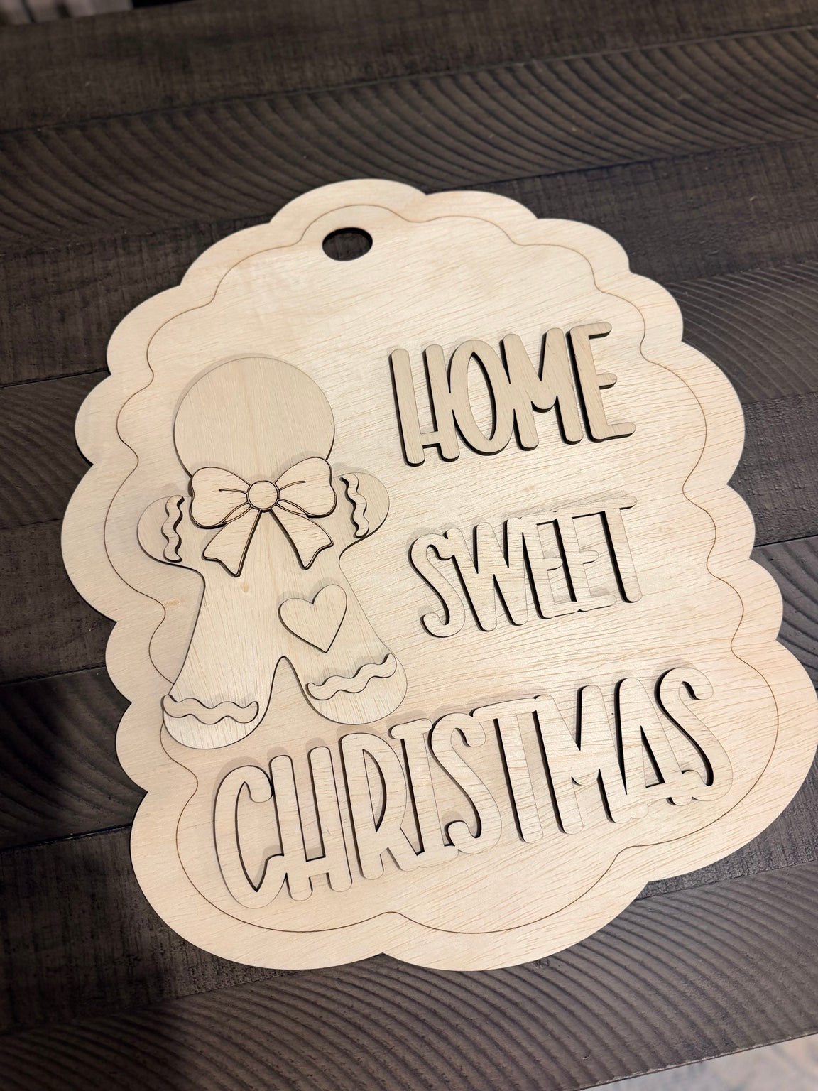 Home Sweet Christmas unfinished gingerbread wood hanger with scalloped edges