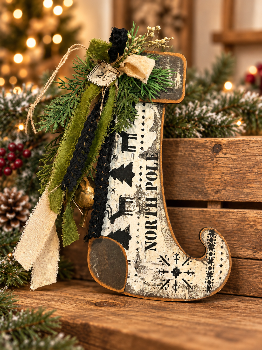 Rustic vintage North Pole wooden stocking styled with greenery and ribbon