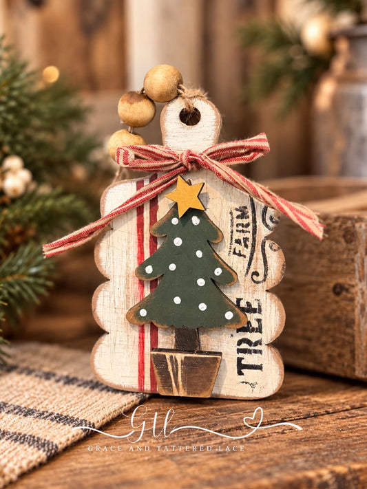 Finished retro vintage scalloped Christmas tree ornament with a red gingham bow