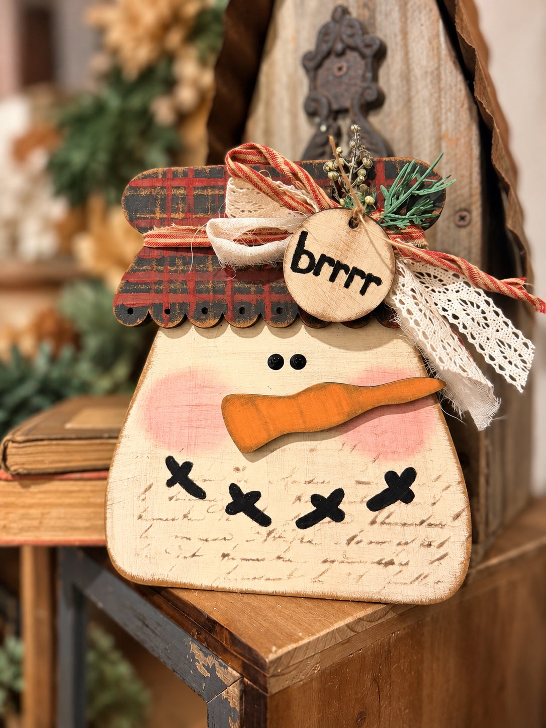 Painted Snowball Fluff Snowman Jar 785 with plaid scalloped lid and rustic finish