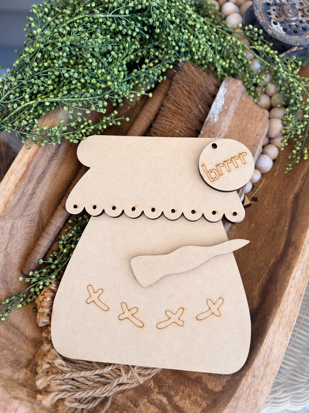 Unpainted Snowball Fluff Snowman Jar 785 DIY wood kit with scalloped lid, carrot nose and Brrrr tag