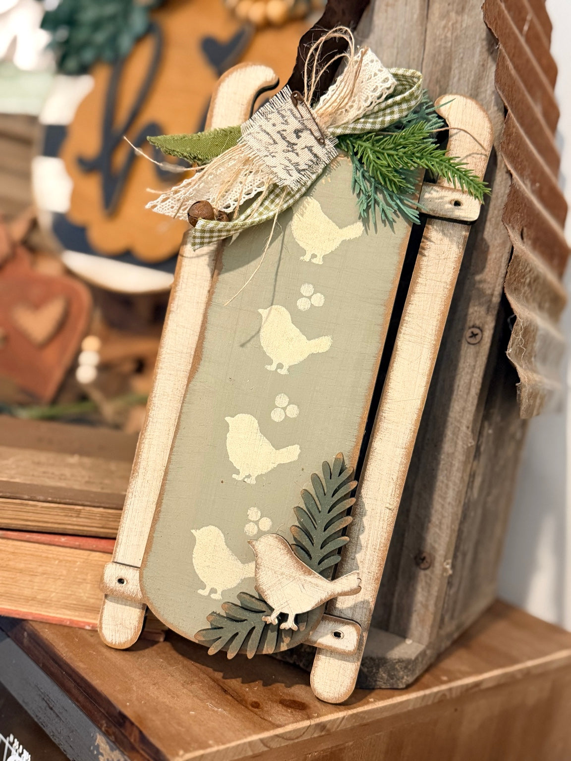 Painted example of Tattered Winter Sled 818; DIY wood kit sold unfinished