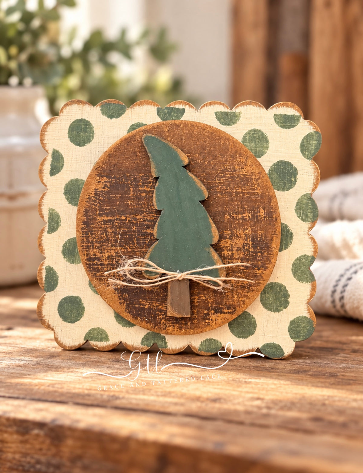 Wonky Christmas Tree Scalloped Sign 780 painted with green polka dots and twine bow