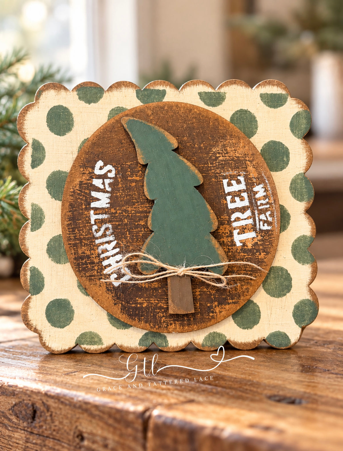Painted Wonky Christmas Tree Scalloped Sign 780 with Christmas Tree Farm stencil