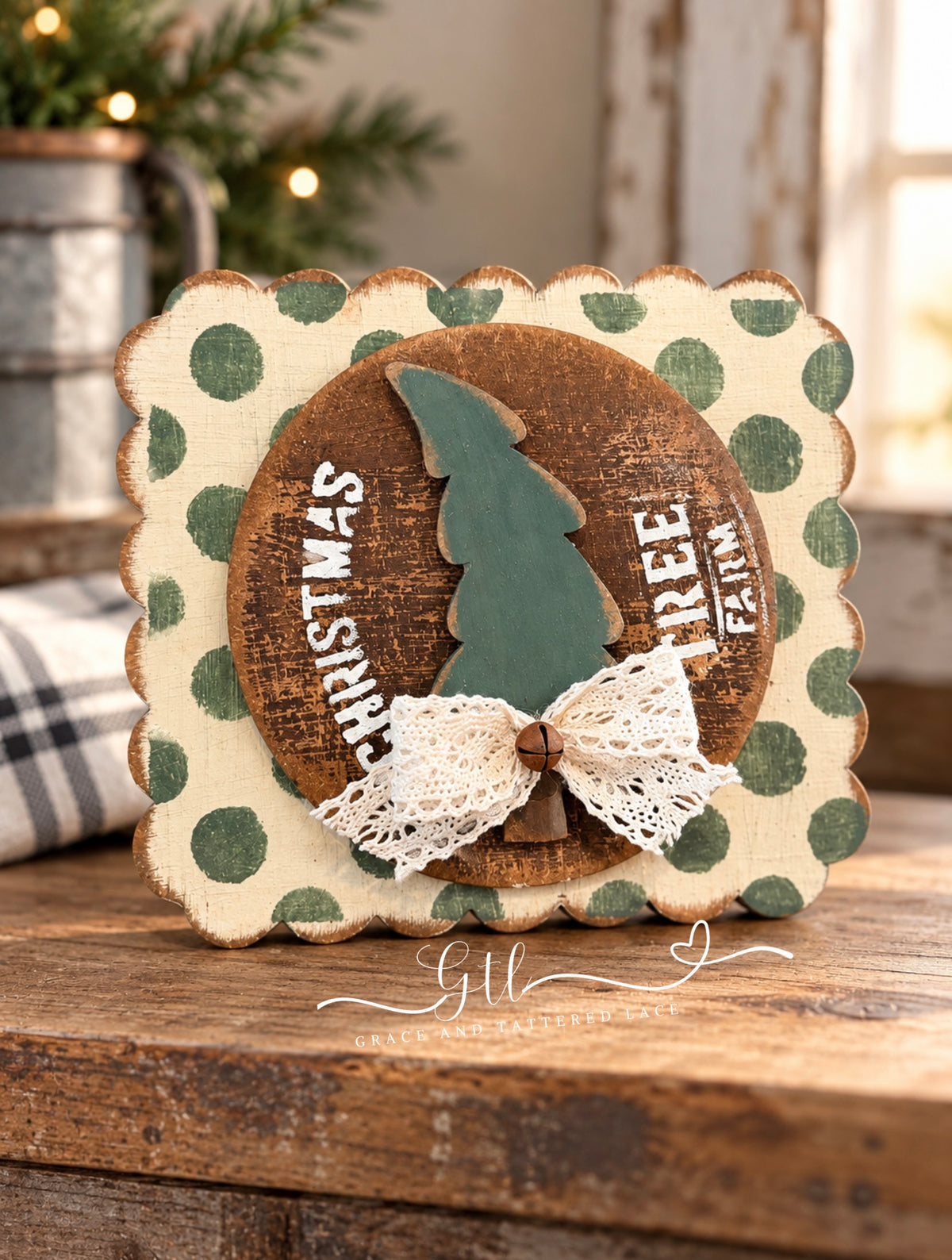 Painted Wonky Christmas Tree Scalloped Sign 780 with lace bow and bell