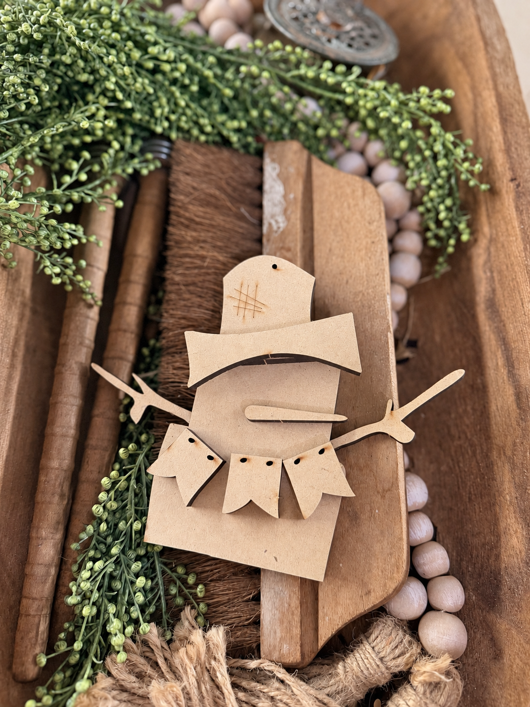 Unpainted Wonky Frosty Snowman with Banner ornament DIY wood kit
